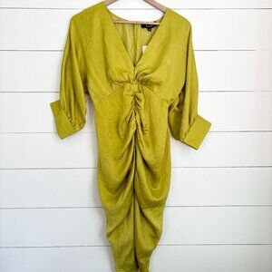 NWT Aakaa chartreuse v neck midi dress with ruching in front